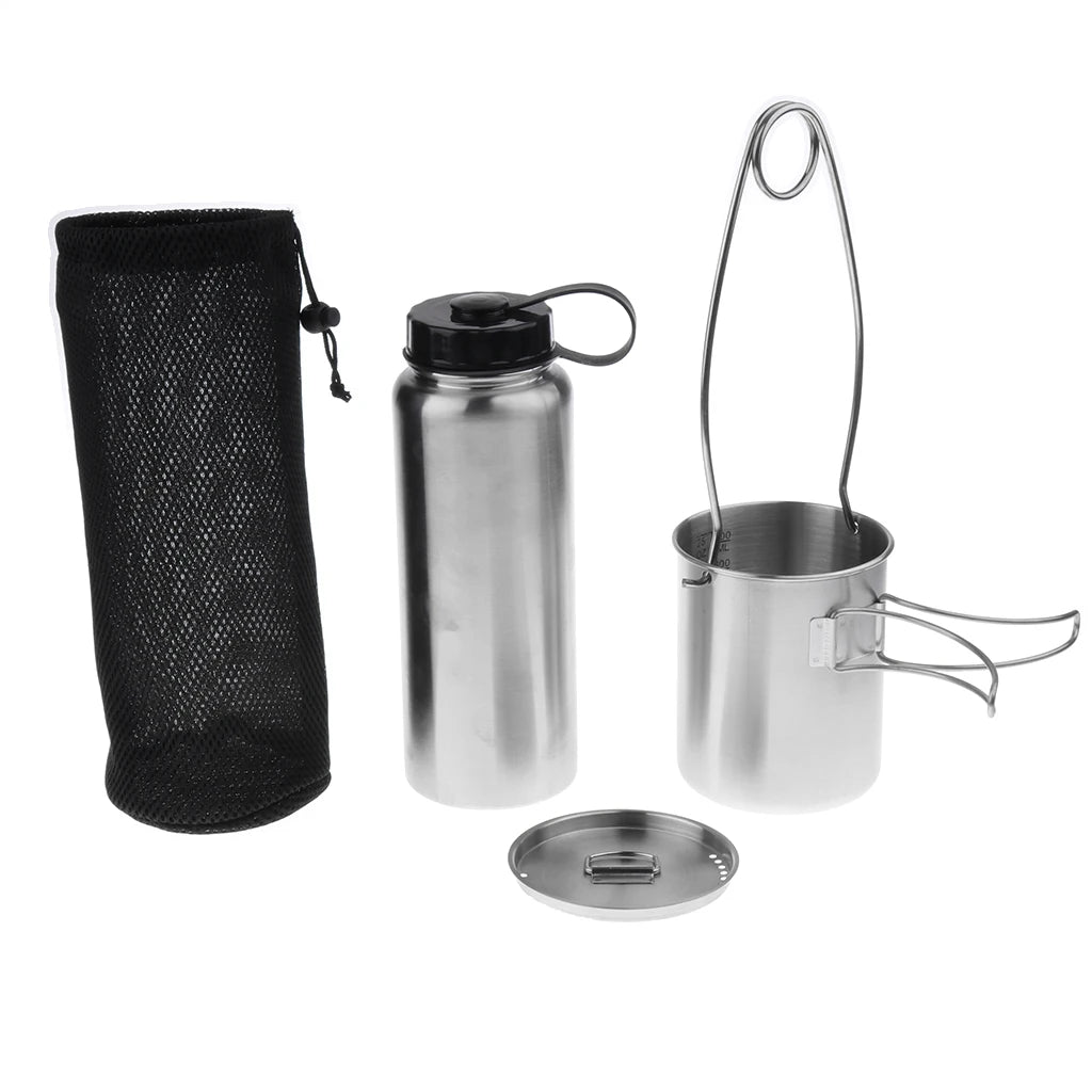 Bushcraft stainless steel water bottle with nesting cup and hanger