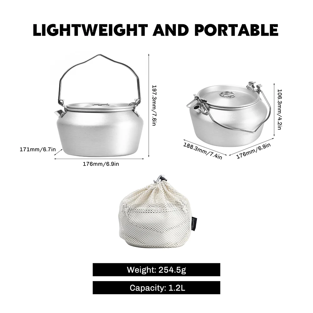 Bushcraft camping aluminium kettle 1.2L